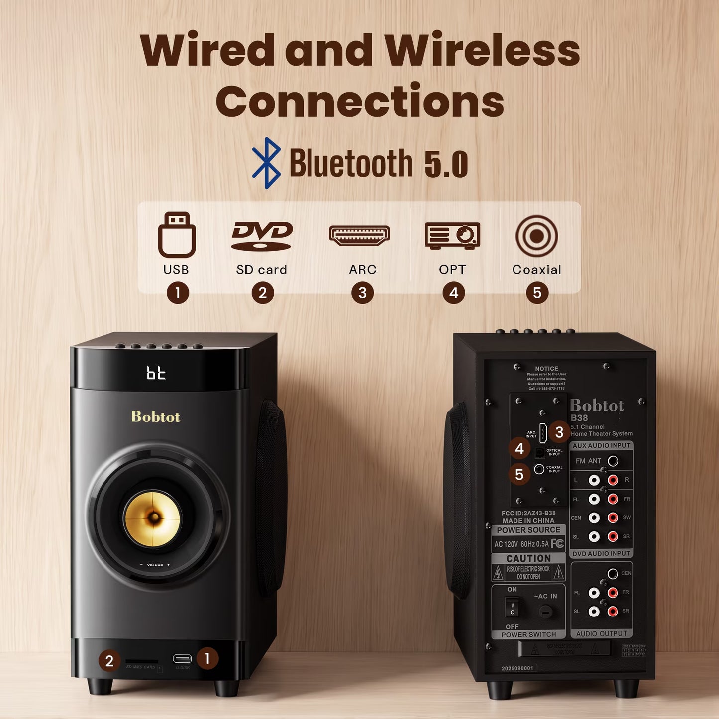 5.1 Surround Sound System,200W Bluetooth Speaker System for TV,5 Wired Speakers 4 Inch Woofer Built-In Receiver, Support ARC Optical Bluetooth Input,Home Stereo Theater Systems