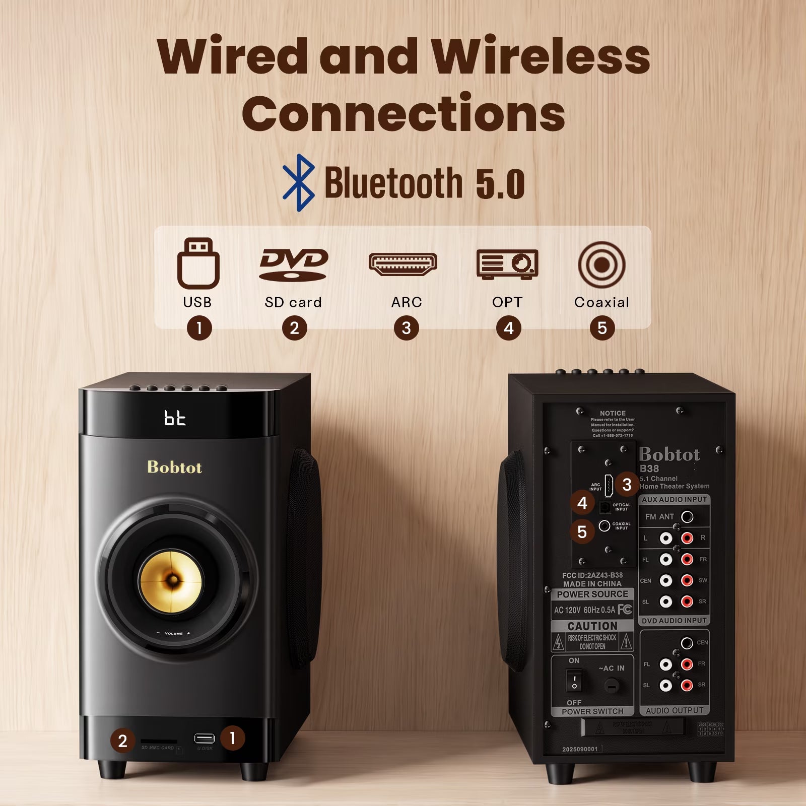 5.1 Surround Sound System,200W Bluetooth Speaker System for TV,5 Wired Speakers 4 Inch Woofer Built-In Receiver, Support ARC Optical Bluetooth Input,Home Stereo Theater Systems