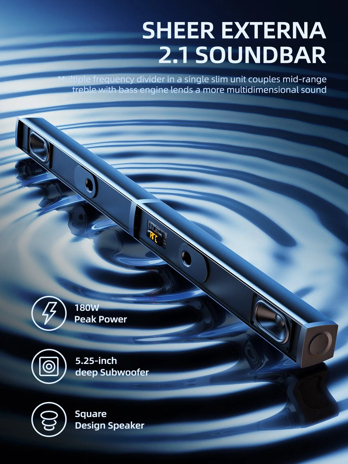 180W Separable Sound Bar with Subwoofer, 2.1CH  Detachable Soundbar for TV/PC, 5 EQ Modes Treble & Bass Adjust, HDMI Arc/Optical/Bluetooth 5.4/Aux--32 Inch