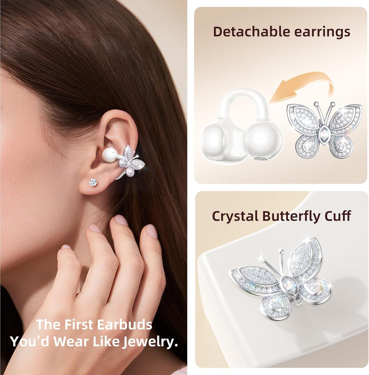 Jewelry-Inspired Clip-On Earbuds with Butterfly Earrings, Comfortable Fit & 40H Playtime Open Ear Bluetooth 5.4 Wireless Headphones for Women, Small Ears, Sports & Workouts (White)