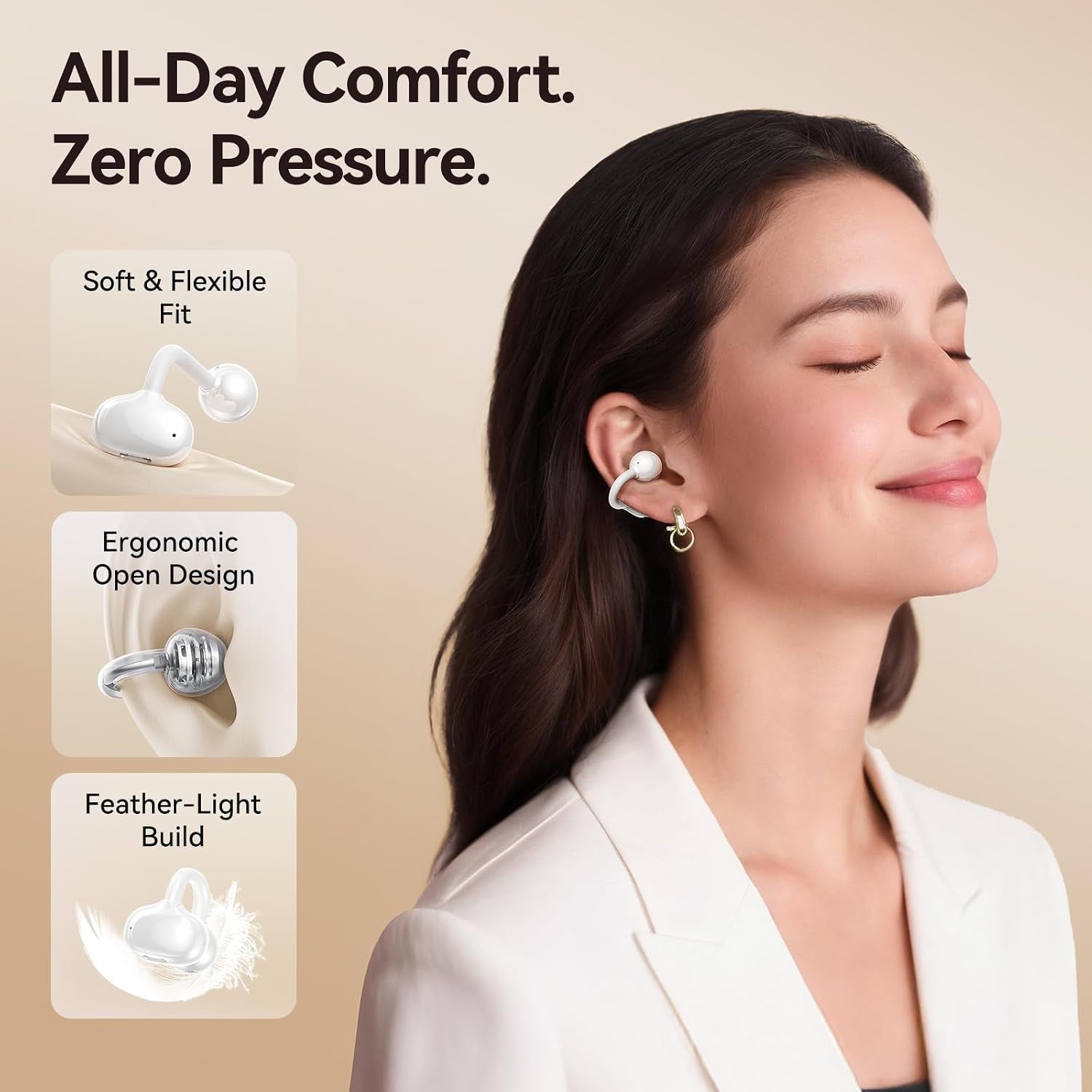 Jewelry-Inspired Clip-On Earbuds with Butterfly Earrings, Comfortable Fit & 40H Playtime Open Ear Bluetooth 5.4 Wireless Headphones for Women, Small Ears, Sports & Workouts (White)