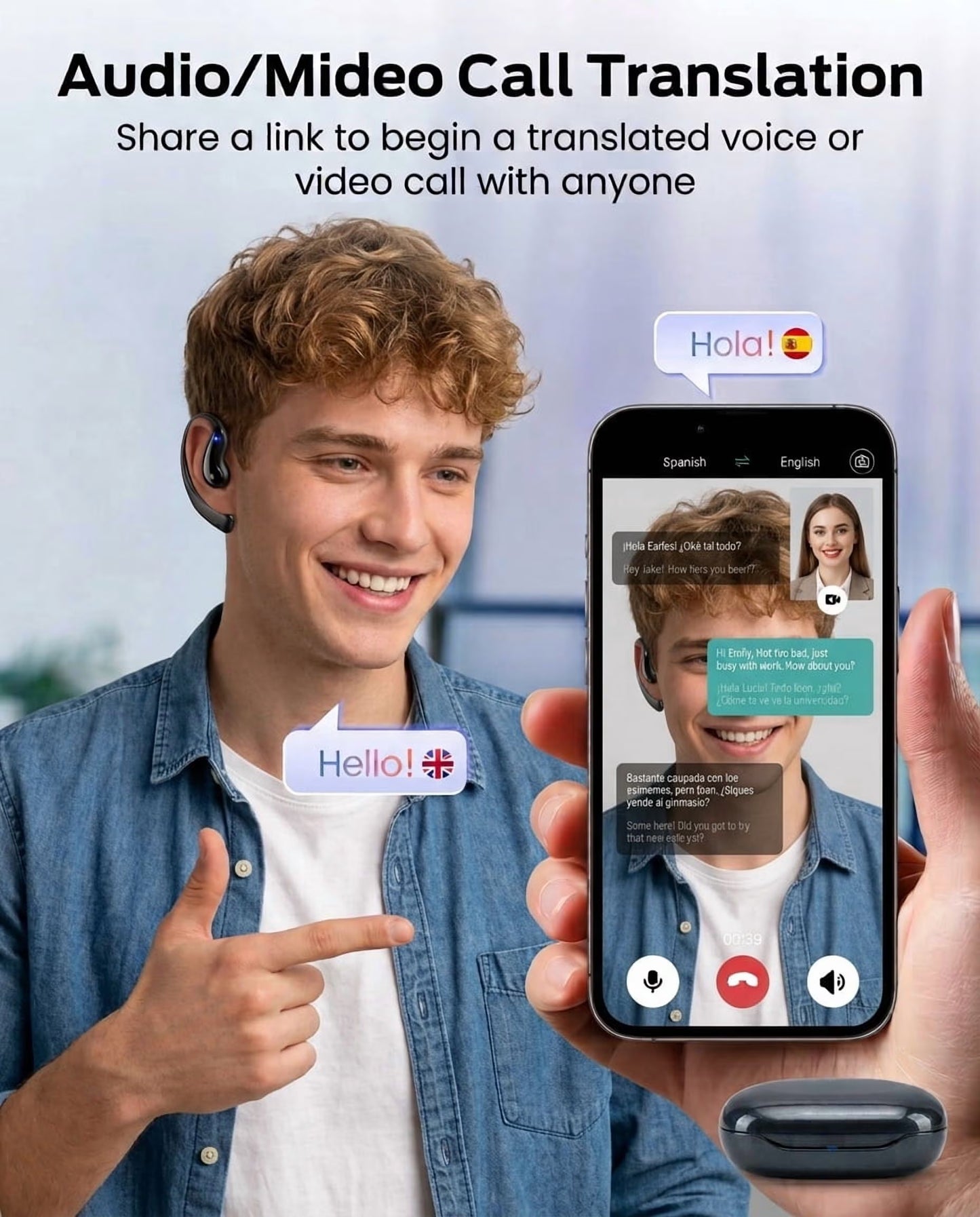 AI Translation Earbuds Real Time, 164 Language Translator Earbuds, 4-In-1 Bluetooth Earbuds Pro, Open-Ear Translator Headphones with No Subscription , 60H Playtime for Travel Work Learning