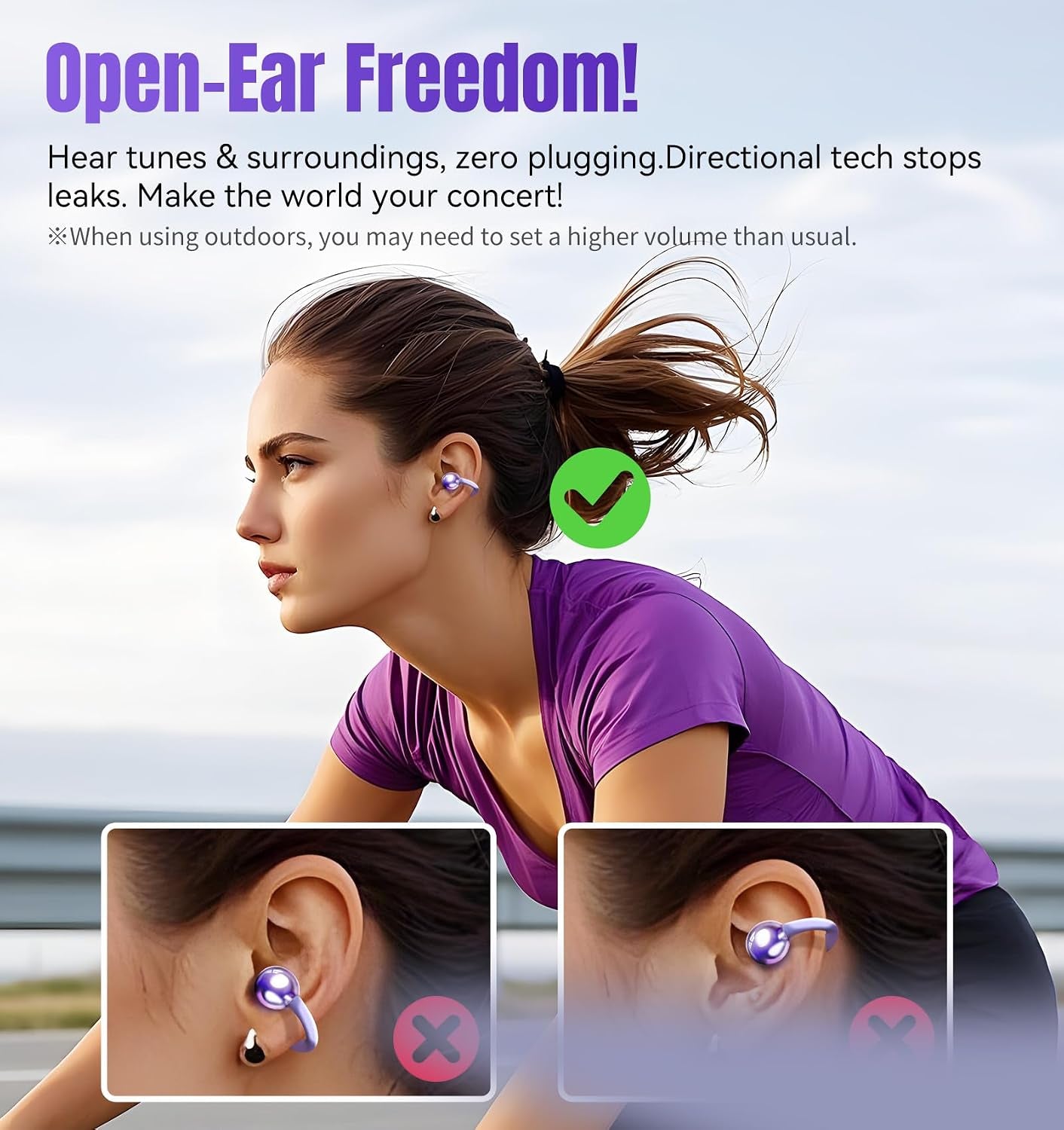 Clip-On Earbuds Gen 3, Open-Ear Wireless Bluetooth 6.0 Headphones with Mic, Secure Fit for Small Ears & Glasses Wearers, 50H Playtime, LED Digital Display, ENC, IPX5 Waterproof (Purple)