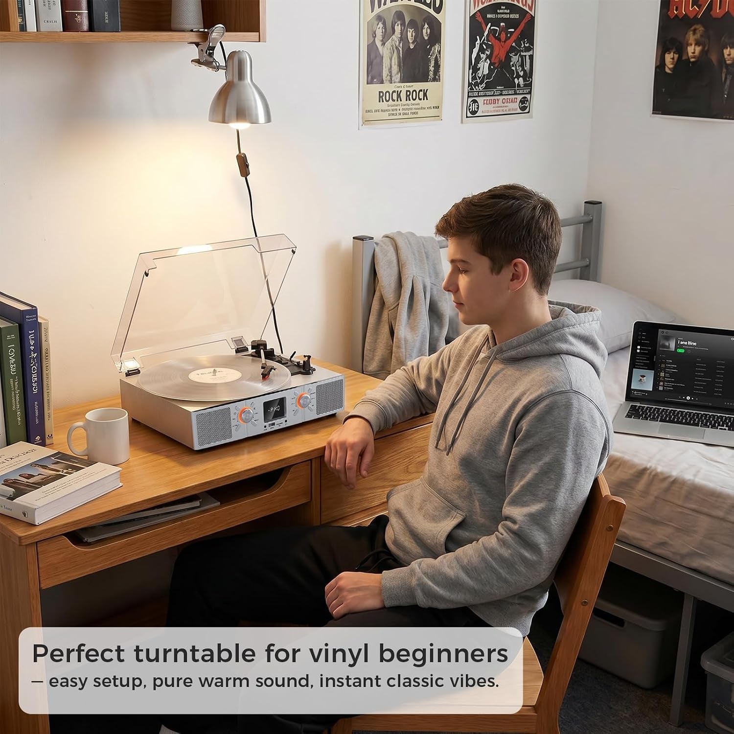 Vinylslink Vinyl Record Player with Speakers, Bluetooth Turntable, 3-Speed LP Player with Auto Stop, USB/TF Playback and Recording, FM Radio, LED Display, RCA Out, AUX In, Headphone Jack, Silver