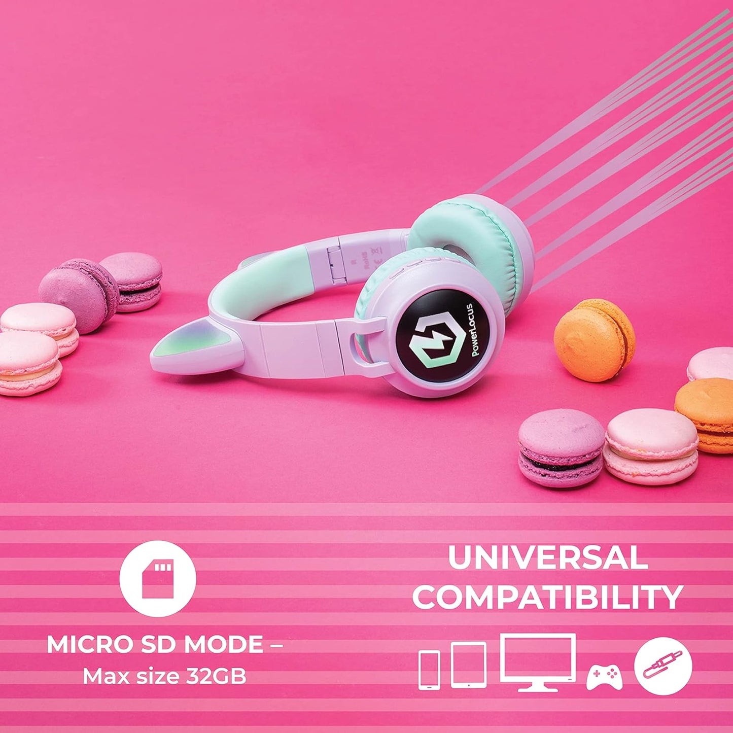 Kids Cat Ear Headphones, Bluetooth 5.3 Wireless, LED Lights, Safe Volume Limit, Micro SD/TF, for Ipad, Tablet, Travel (Purple/Teal)