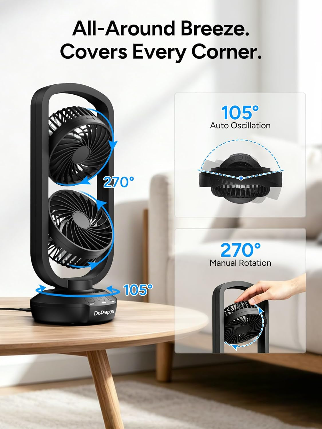 Small Tower Fan Oscillating Table Fans with 270° Tilt, 105° Oscillating, 3 Speeds and 3 Auto-Off Timer, Portable USB Powered Desk Fan for Bedroom Office Home Desk, Powerful Airflow 15 Inch