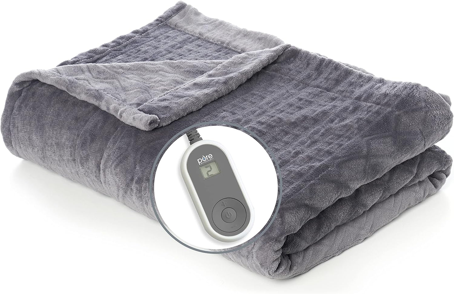 Purerelief Deluxe Heated Blanket - 10 Heat Settings, Super Soft Micromink Velvet Fabric, LCD Controller, Auto Shut-Off Timer, Machine Washable - Full Size Electric Blanket