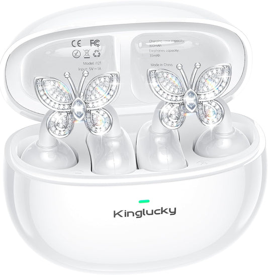 Jewelry-Inspired Clip-On Earbuds with Butterfly Earrings, Comfortable Fit & 40H Playtime Open Ear Bluetooth 5.4 Wireless Headphones for Women, Small Ears, Sports & Workouts (White)