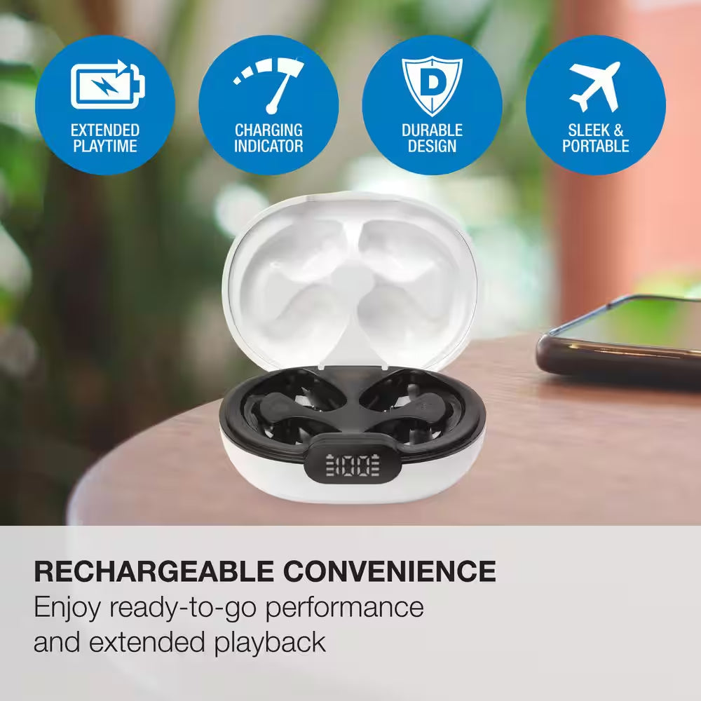 White Truly Wireless Bluetooth Open Ear Clip, Supports Siri and Google Assistants, Sweatproof Earbud and In-Ear