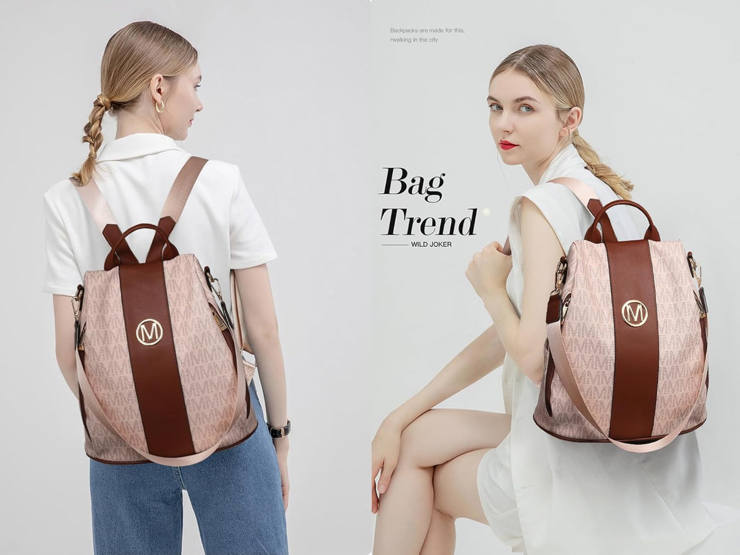 Women Fashion Backpack Purse Multi Pockets Anti-Theft Rucksack Travel Shoulder Bag Handbag Set 2Pcs