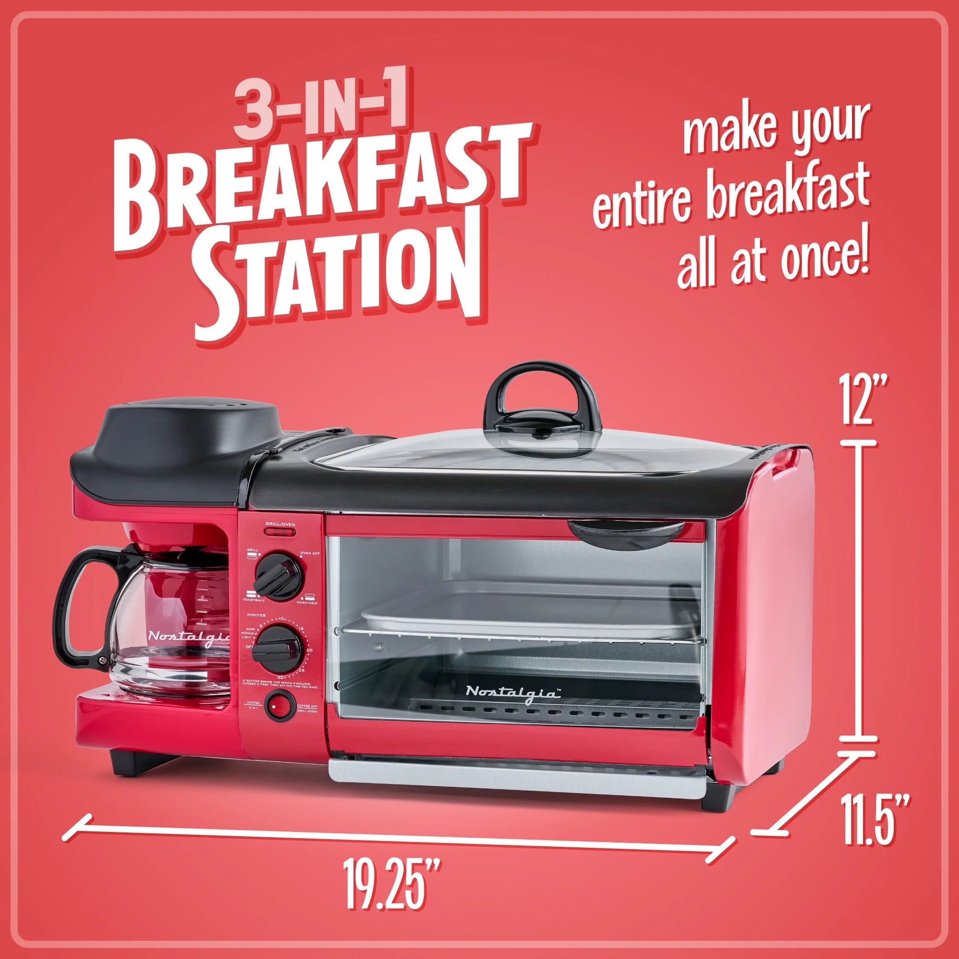 Retro 3-In-1 Breakfast Station with Coffeemaker, Griddle, and Toaster Oven, Retro Red