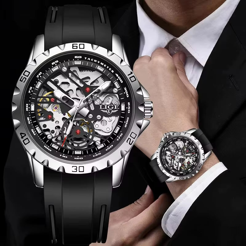 Luxury Men Watches Automatic Mechanical Wristwatch Skeleton Design Waterproof Silicone Strap Male Watch Reloj Hombre+Box
