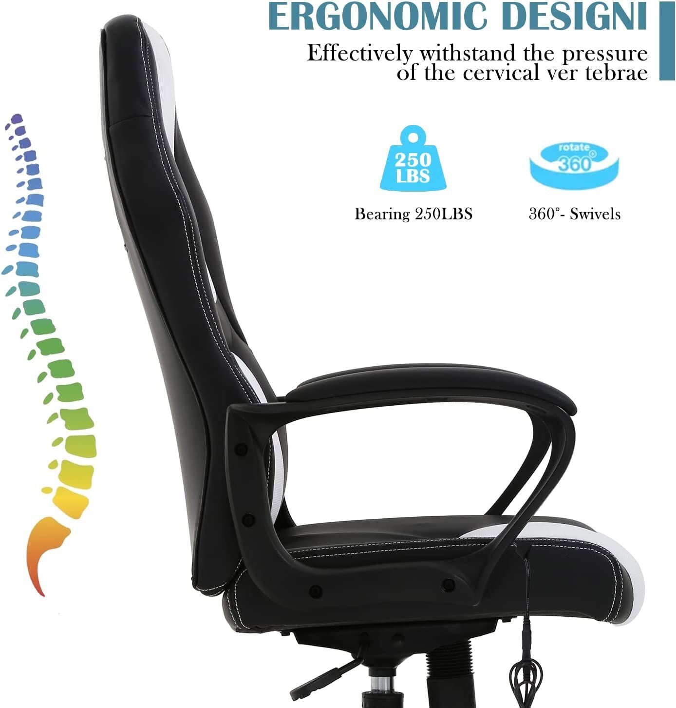Massage Computer Gaming Chair Swivel Office Ergonomic Racing Chair Seat White