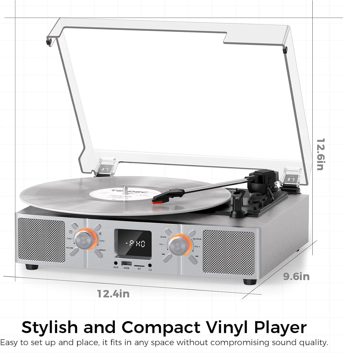 Vinylslink Vinyl Record Player with Speakers, Bluetooth Turntable, 3-Speed LP Player with Auto Stop, USB/TF Playback and Recording, FM Radio, LED Display, RCA Out, AUX In, Headphone Jack, Silver