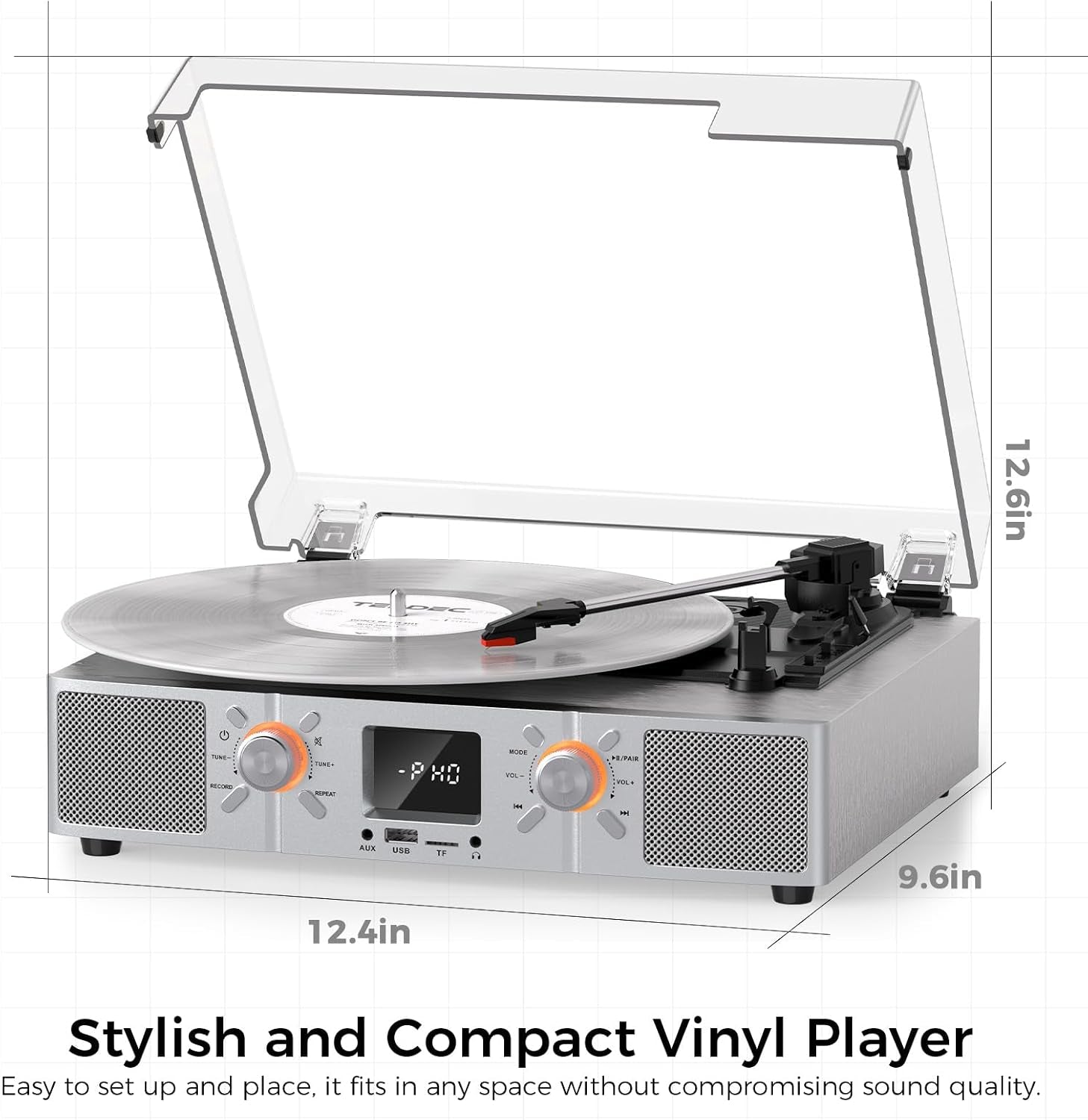 Vinylslink Vinyl Record Player with Speakers, Bluetooth Turntable, 3-Speed LP Player with Auto Stop, USB/TF Playback and Recording, FM Radio, LED Display, RCA Out, AUX In, Headphone Jack, Silver