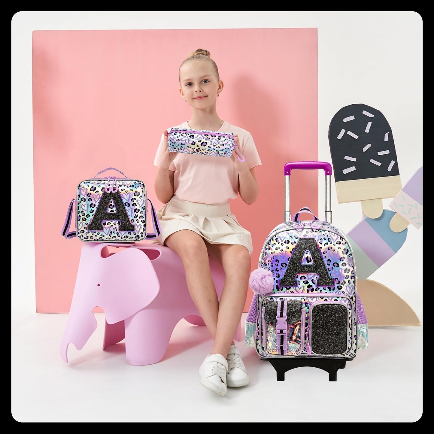 Kids Rolling Backpack for Girls Backpack with Wheels 3Pcs Rolling Backpacks for Kids, 16.5" Roller Backpacks for Girls with Lunch Box Pencil Case