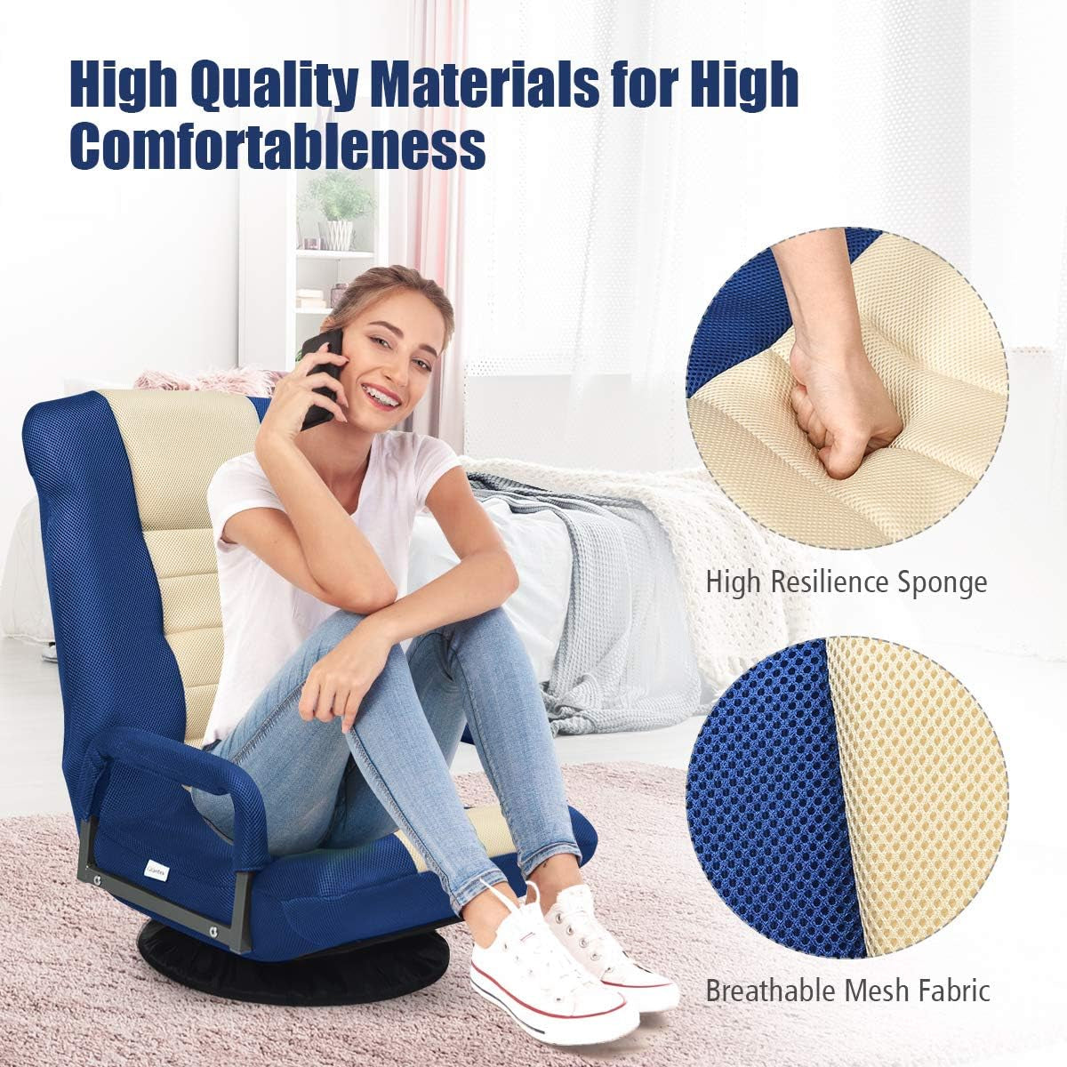 Floor Chair, 360 Degree Swivel Chair with Adjustable Backrest, Lumbar Support, Armrest, Foldable Lazy Sofa Rocker for TV, Reading, Playing Video Games, Blue/Beige