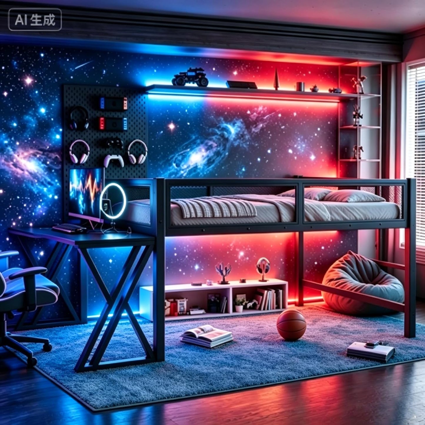 Full Size Gaming Loft Bed with Desk, USB Ports & LED Lights, Metal Loft Bed Frame with Mesh Guardrails, Space-Saving for Dorms, Bedrooms, & Gaming Setups (Black/Full)