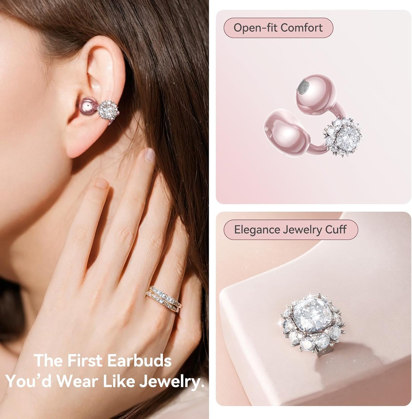 Jewelry-Inspired Clip-On Earbuds with Diamond Earrings, Comfortable Fit & 40H Playtime Open Ear Bluetooth 5.4 Wireless Headphones for Women, Small Ears, Sports & Workouts (Rose Gold)