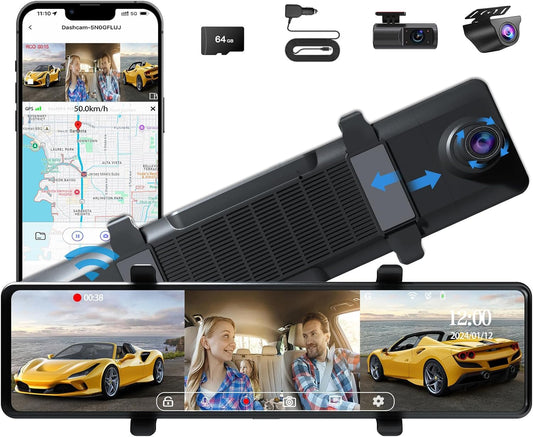 3 Channel Mirror Dash Cam, 12" Triple Rear View Mirror with Front 3K, inside and Rear 1080P Cameras with Wifi, G-Sensor, Reverse Assist, Parking Monitoring, Free 64GB Card