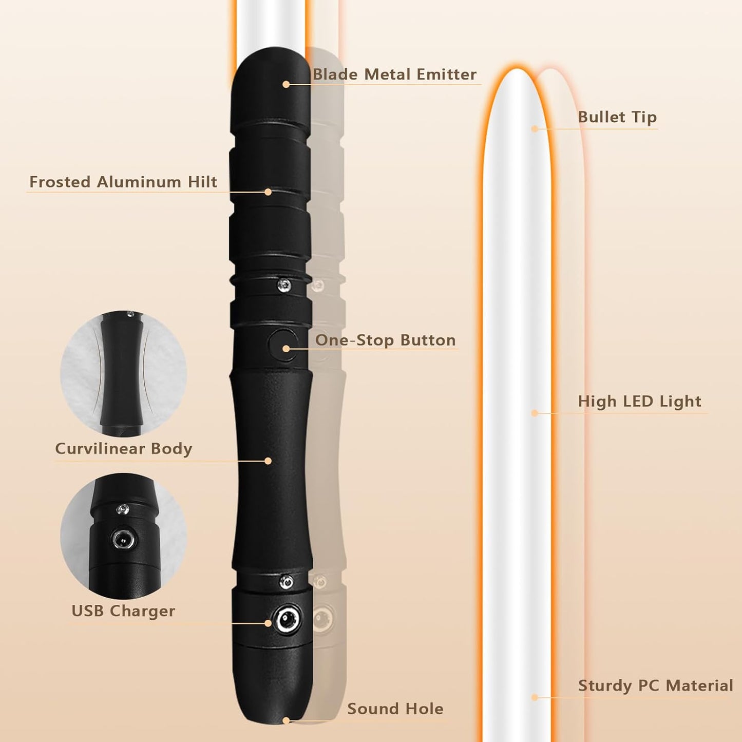 Dueling Lightsaber Smooth Swing Light Sabers |FX Loud Sound Sabers with 3 Vivild Movie Fonts,Blaster,Foc Metal Hilt for Adults Boys Teens Heavy-Duty, USB-DC Recharge(Orange)