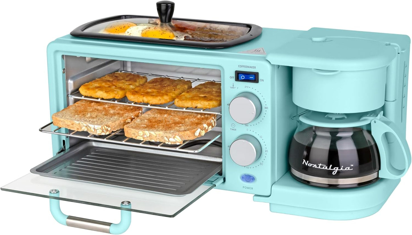 3-In-1 Retro Breakfast Station - Includes 5 (4 Oz) Cup Coffee Maker, Non-Stick Ceramic Griddle, and 4-Slice Toaster Oven - Built-In Timer, Reusable Coffee Filter, Space-Saving Design - Aqua