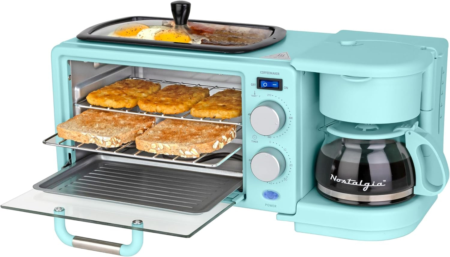 3-In-1 Retro Breakfast Station - Includes 5 (4 Oz) Cup Coffee Maker, Non-Stick Ceramic Griddle, and 4-Slice Toaster Oven - Built-In Timer, Reusable Coffee Filter, Space-Saving Design - Aqua