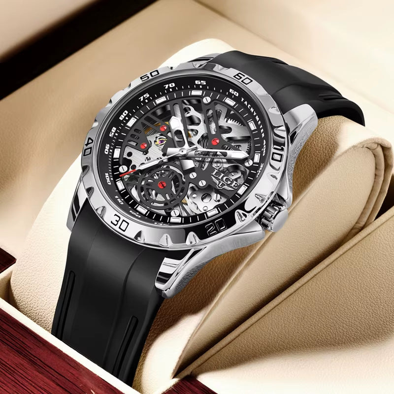 Luxury Men Watches Automatic Mechanical Wristwatch Skeleton Design Waterproof Silicone Strap Male Watch Reloj Hombre+Box