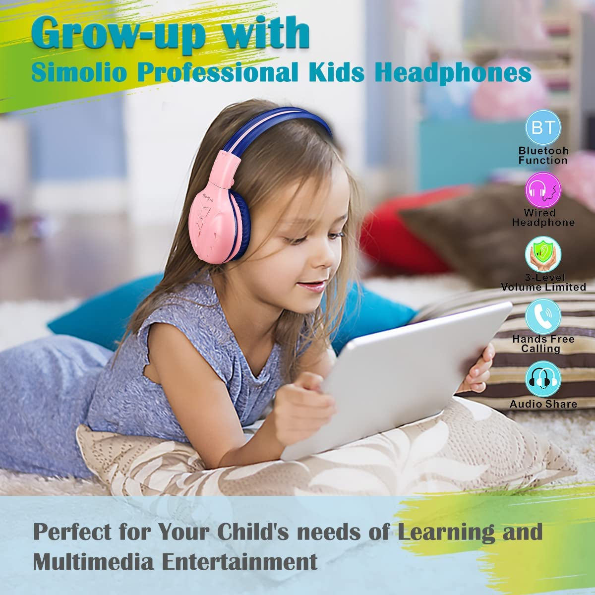 2 Pack Kids Bluetooth Headphones with Share Port, 75/85/94Db Volume Limit W/Mic for Toddler Teens, Bluetooth 6.0, 30H Playtime, Foldable Headsets W/Travel Case for School Airplane Ipad PC