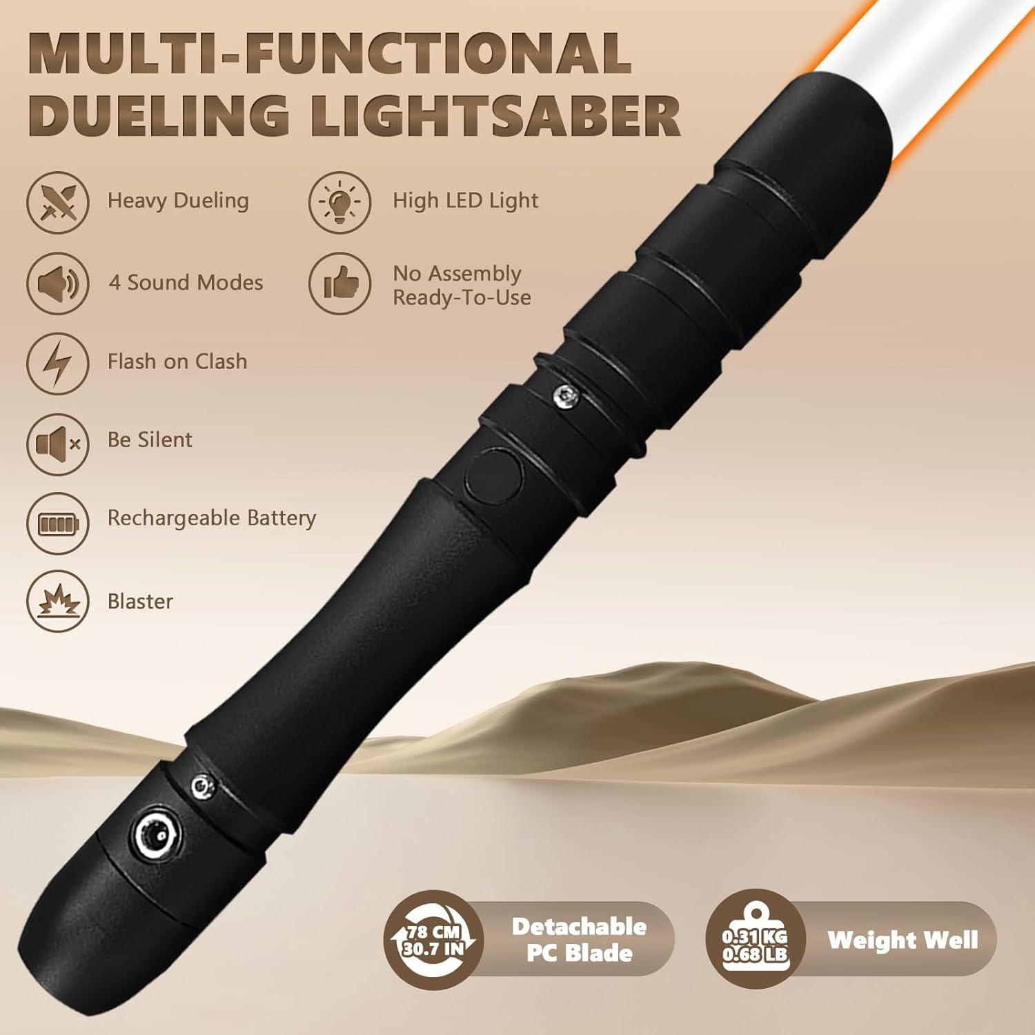 Dueling Lightsaber Smooth Swing Light Sabers |FX Loud Sound Sabers with 3 Vivild Movie Fonts,Blaster,Foc Metal Hilt for Adults Boys Teens Heavy-Duty, USB-DC Recharge(Orange)