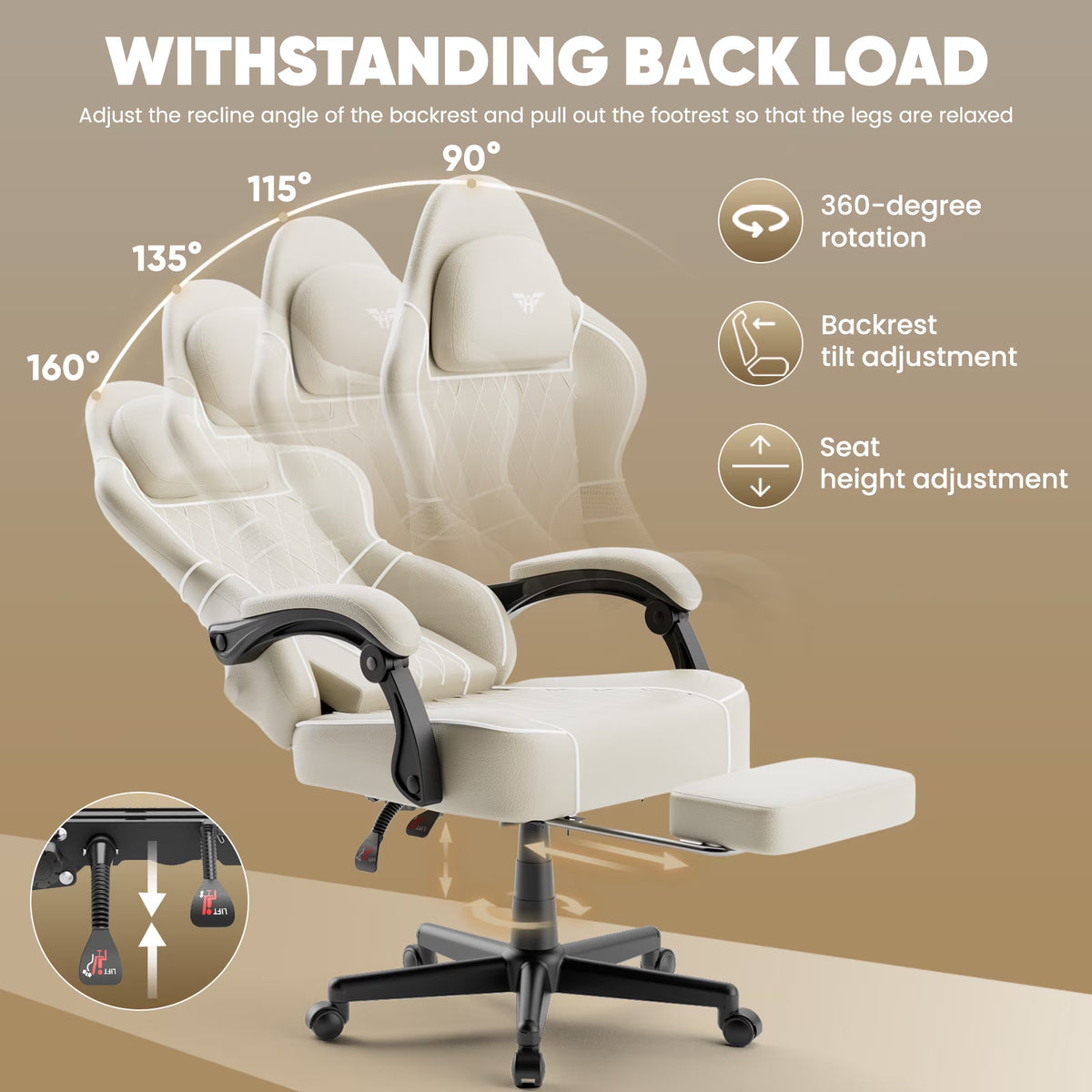 Gaming Chair for Adults, Ergonomic Gamer Chair with Footrest and Massage Lumbar Cushion, High Back Swivel Comfortable Video Game Chair, Adjustable Height Computer Office Chair, Beige