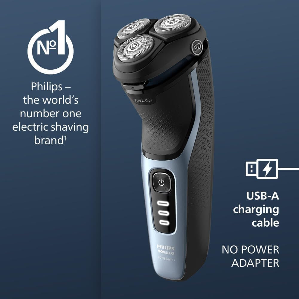 Shaver 3600 Series, Wet and Dry Electric Shaver, P-Cap, Travel Pouch, Storm Blue, Model S3243/91