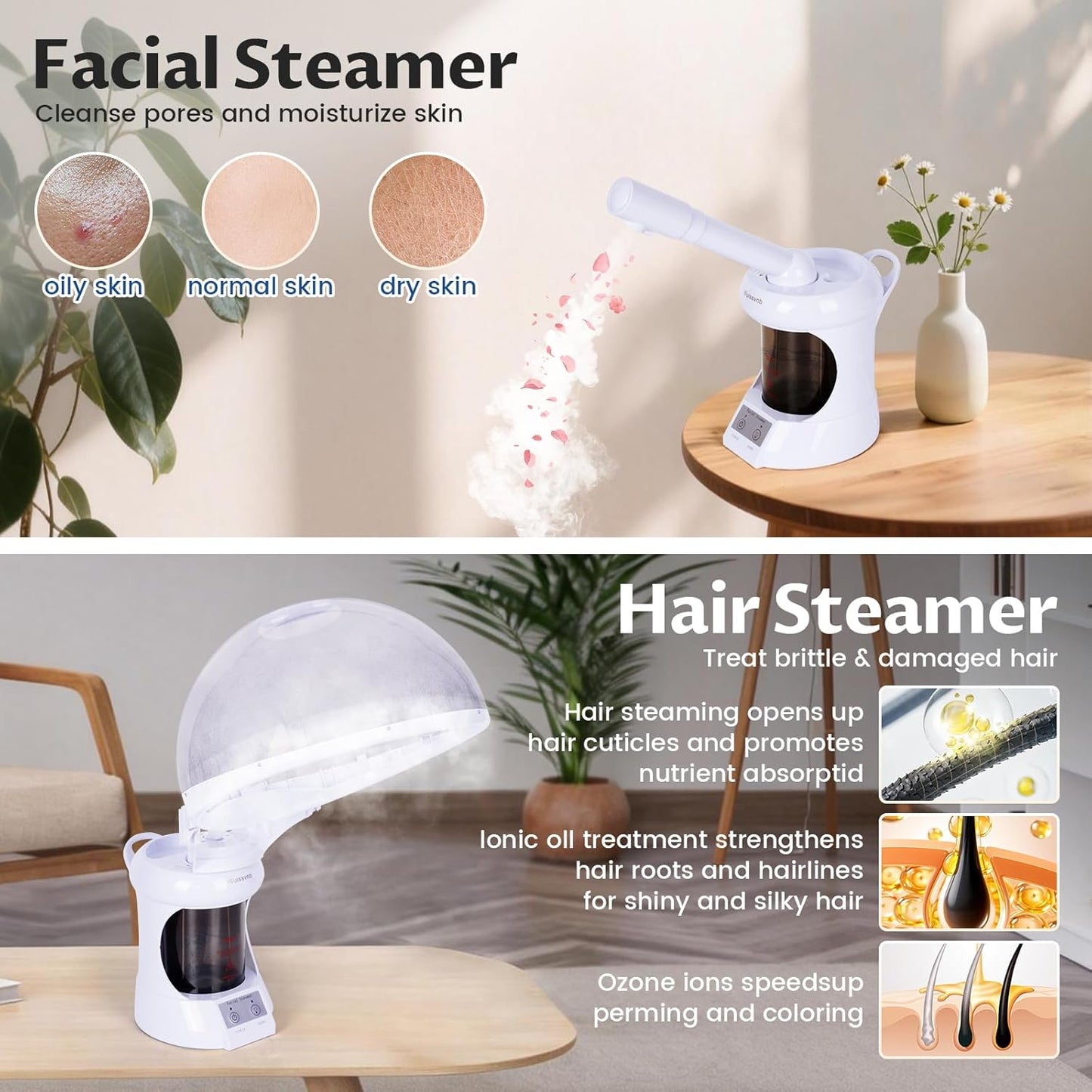 Hair Steamer,2 in 1 Hair and Facial Steamer with Extendable Arm, Portable Tabletop Steamer, Suitable for Home and Salon Personal Care