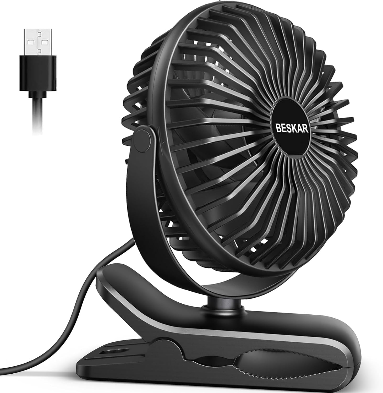 BESKAR Small Clip on Fan, 3 Speeds USB Fan with Strong Airflow, Clip & Desk Fan