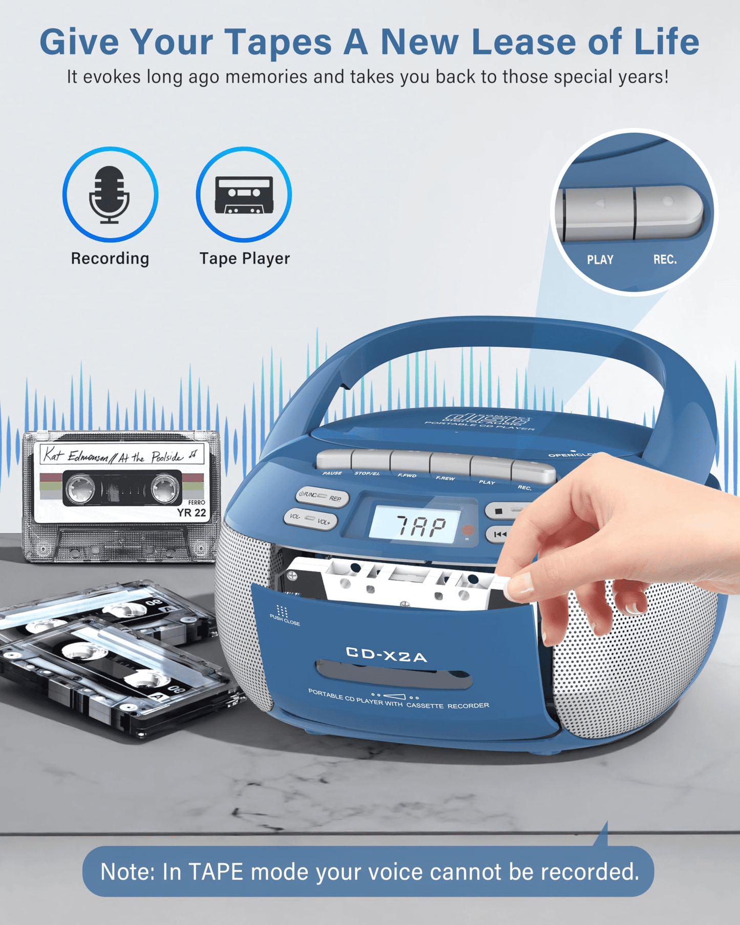 CD Player Combo with Bluetooth, Boombox Cassette Portable CD Players, Support AM FM Radio/Remote Control/Aux/Usb/Earphone, Ac/Battery Operated, LCD Display for Home,Kids,Gift (Blue)