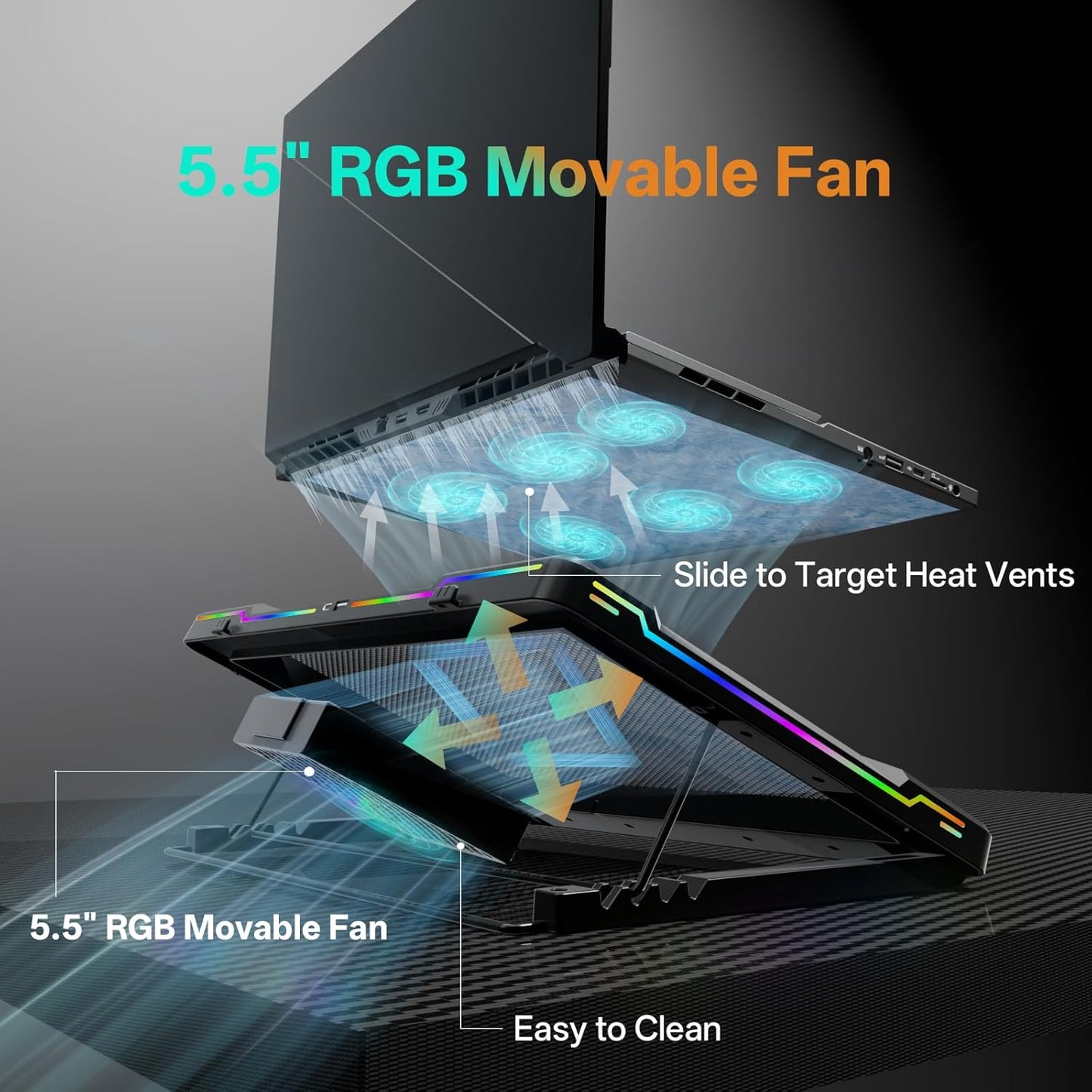 Movable RGB Laptop Cooler with 5.5" Sliding Fan, Ergonomic Cooling Stand with 8 Light Modes for 14-17.3 Inch Gaming Laptops