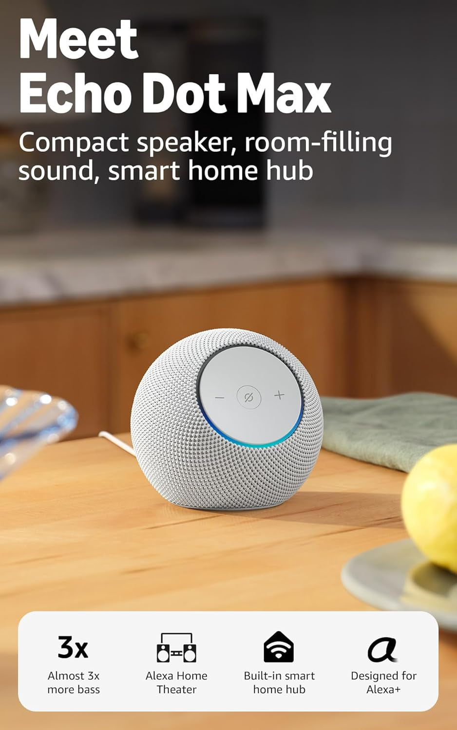 Echo Dot Max (Newest Model), Alexa Speaker with Room-Filling Sound and Nearly 3X Bass, Great for Living Rooms and Medium-Sized Spaces, Designed for Alexa+, Glacier White