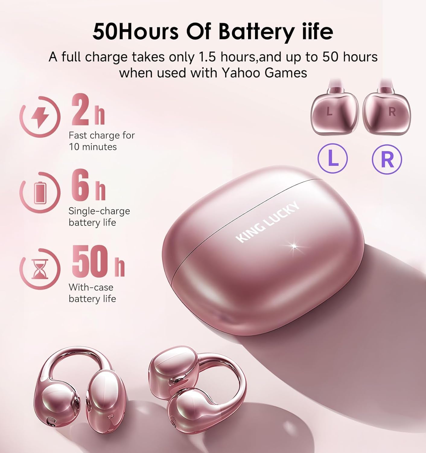 Clip-On Earbuds Gen 3, Open-Ear Wireless Bluetooth 6.0 Headphones with Mic, Secure Fit for Small Ears & Glasses Wearers, 50H Playtime, ENC, IPX5 Waterproof Sport Ear Buds (Pink)