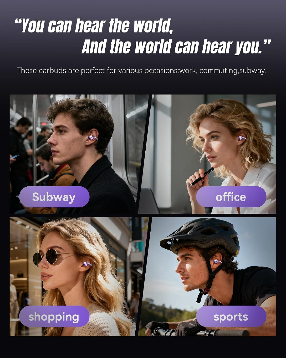 Clip-On Earbuds Gen 3, Open-Ear Wireless Bluetooth 6.0 Headphones with Mic, Secure Fit for Small Ears & Glasses Wearers, 50H Playtime, LED Digital Display, ENC, IPX5 Waterproof (Purple)