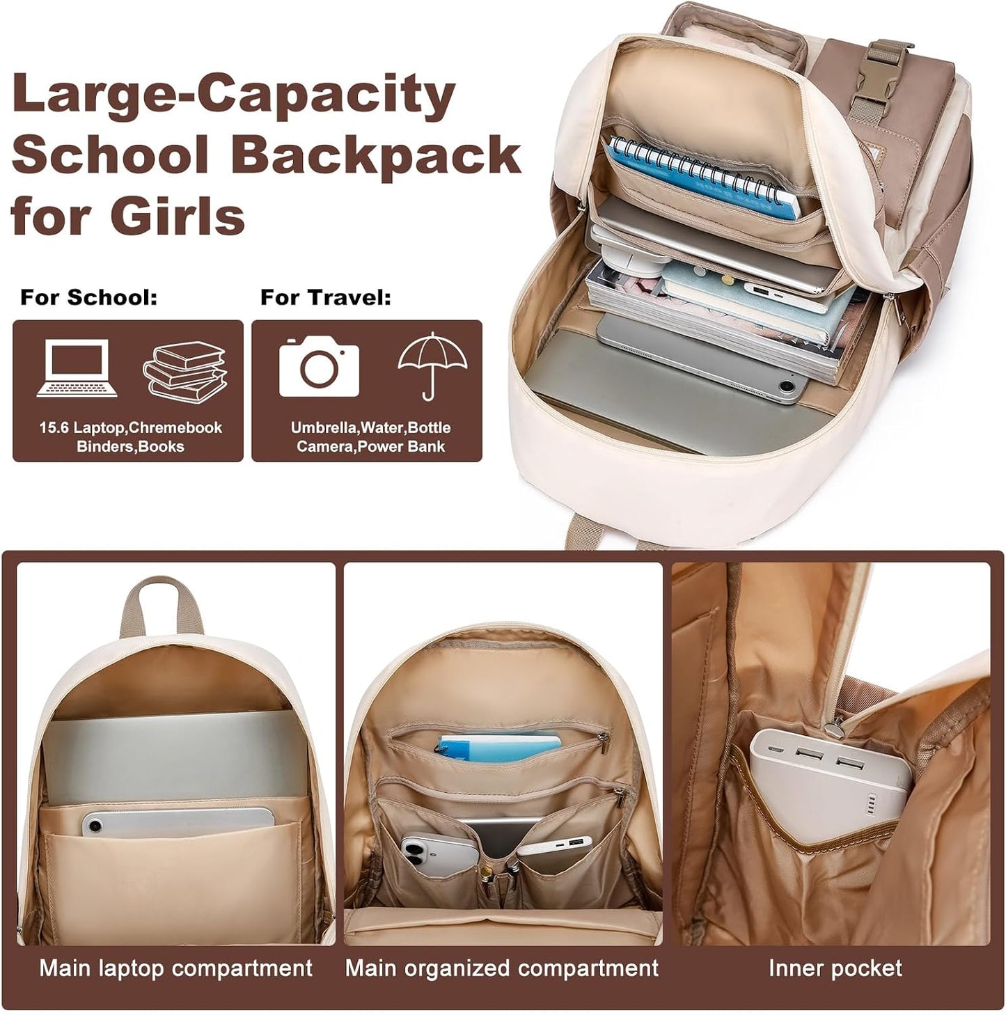 School Backpack for Teen Girls Bookbag: Large 17.3 Inch Backpacks for Kids Middle High School Bookbags Durable Laptop Backpack for Women Cute Student Casual Daypack for Travel Khaki Beige