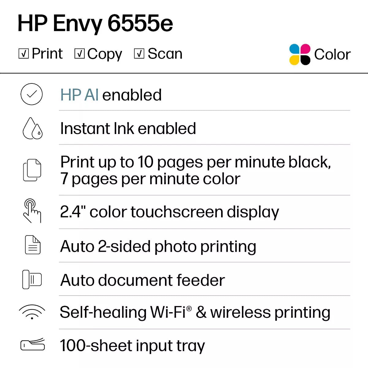 HP Envy 6555E Wireless All-In-One Color Printer Scanner Copier with Instant Ink & HP+ (714N5A)