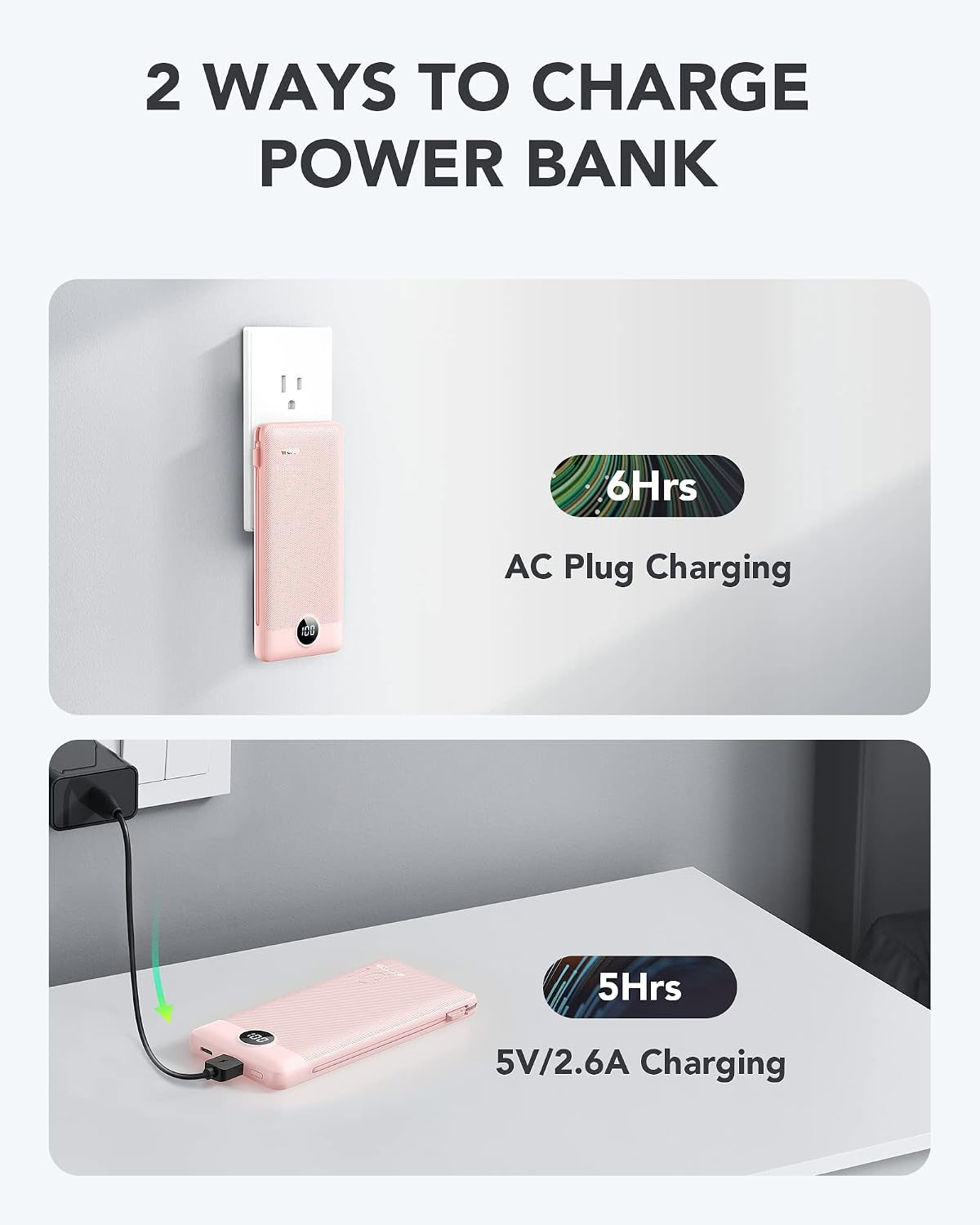 Portable Charger, Power Bank Built-In Cables and AC Wall Plug