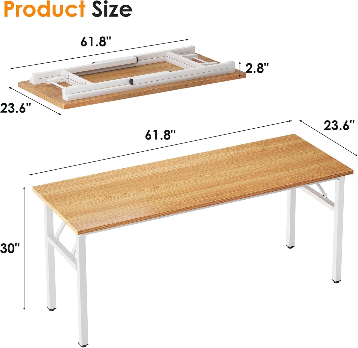 Computer Desk Office Desk 62 Inches Folding Table with BIFMA Certification Conference Table Workstation,Teak White