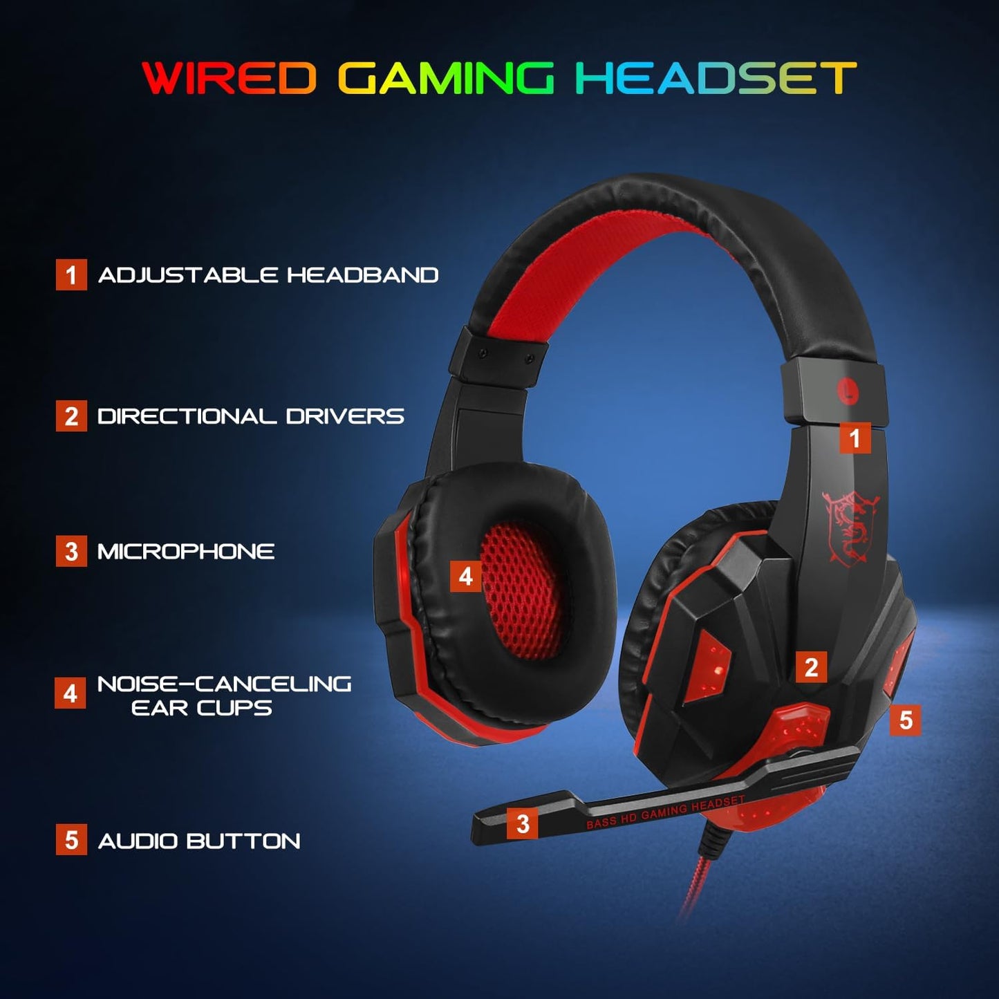 Gaming Keyboard Mouse Headset Combo, USB Wired Crack Backlit,114 Keys Letters Glow LED Keyboard, Red LED Light Headset for Laptop PC Computer Work and Game