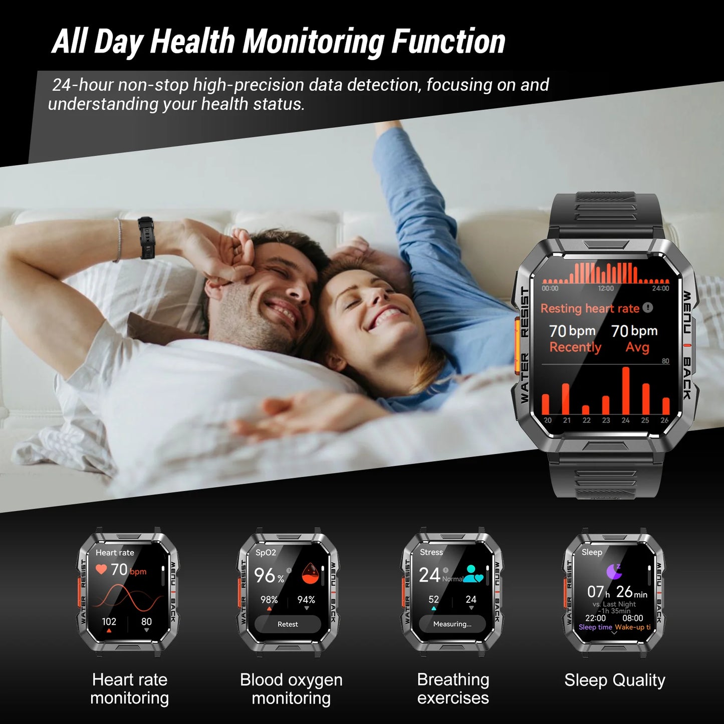 New Smart Watch 2.01'' HD Display Outdoor Men'S Watches with Emergency Lighting Bluetooth Call Waterproof Smartwatch
