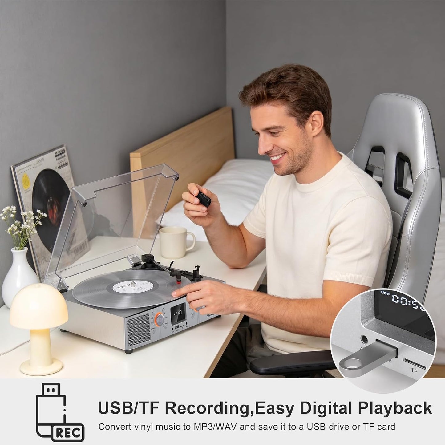 Vinylslink Vinyl Record Player with Speakers, Bluetooth Turntable, 3-Speed LP Player with Auto Stop, USB/TF Playback and Recording, FM Radio, LED Display, RCA Out, AUX In, Headphone Jack, Silver