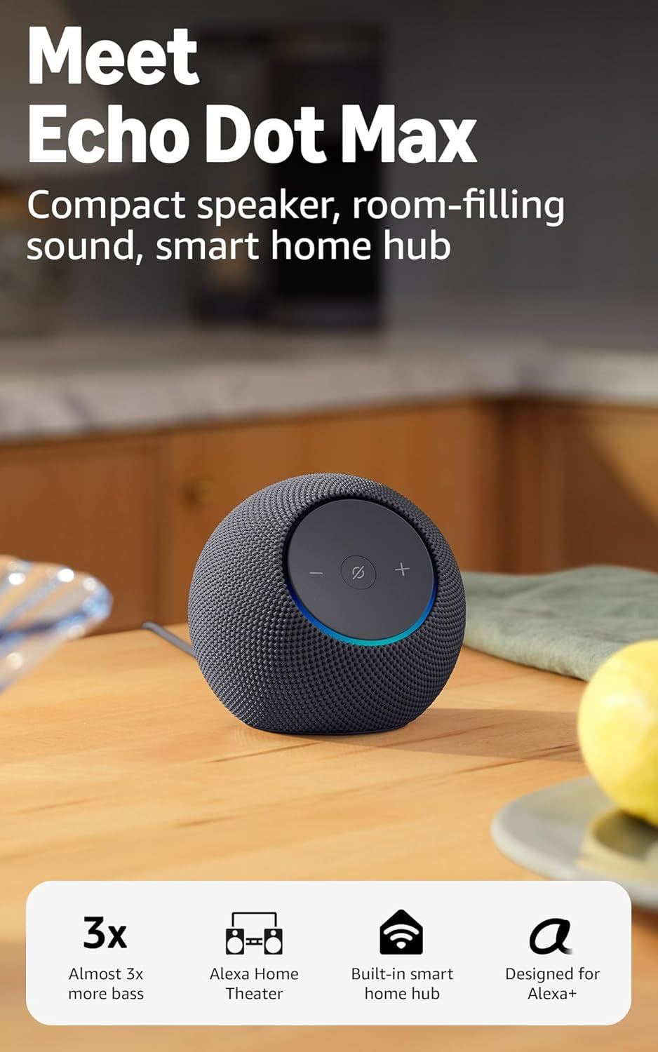 Echo Dot Max (Newest Model), Alexa Speaker with Room-Filling Sound and Nearly 3X Bass, Great for Living Rooms and Medium-Sized Spaces, Designed for Alexa+, Graphite