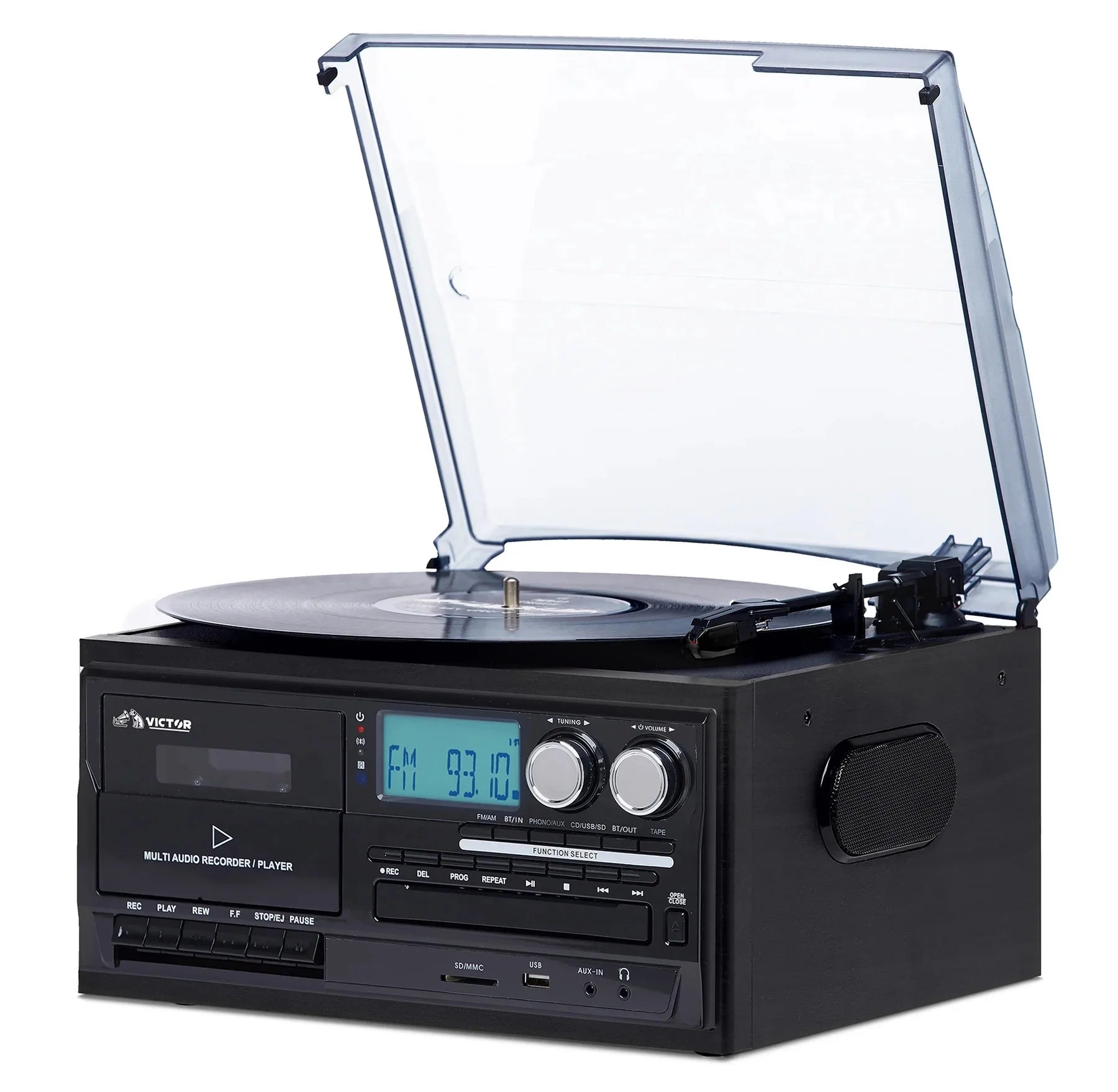 VWRP-4200 Cosmopolitan 8-In-1 Turntable Music Center with 3-Speed Record Player, Cd/Mp3/Cassette Player, AM/FM Radio, Dual Bluetooth in & Out, USB Playback & Recording