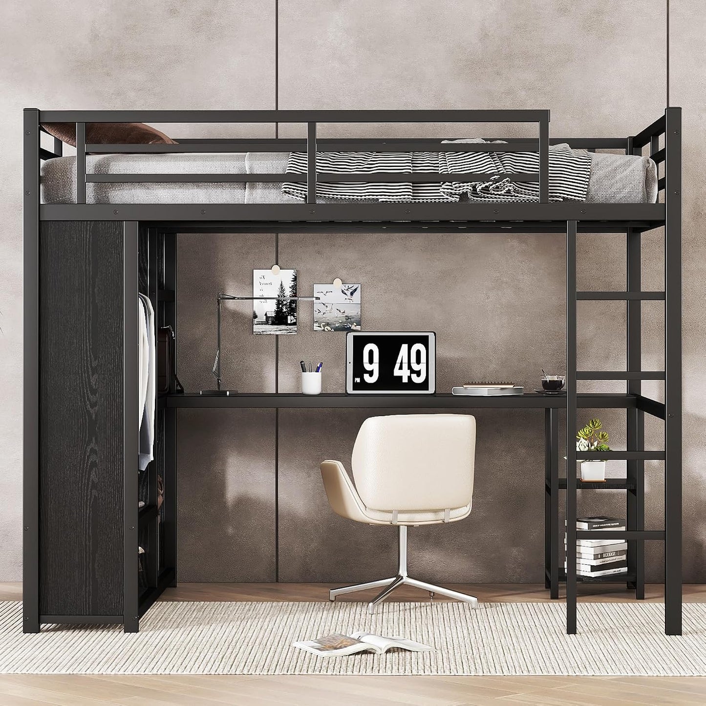 Full Size Loft Bed with Desk and Storage Shelves, Full Size Loft Bed with Wardrobe, Hanging Rod, Guardrail and Ladder, Balck