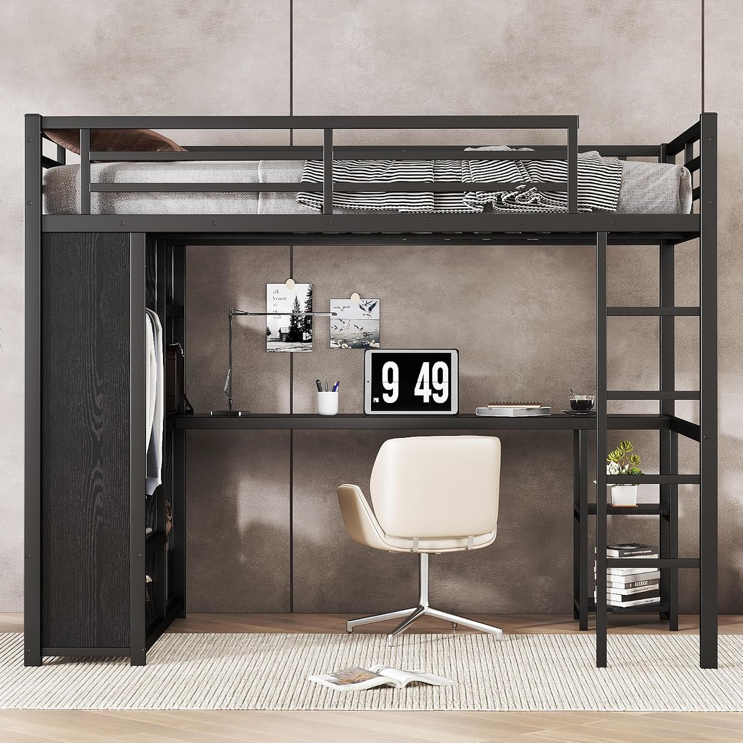 Full Size Loft Bed with Desk and Storage Shelves, Full Size Loft Bed with Wardrobe, Hanging Rod, Guardrail and Ladder, Balck